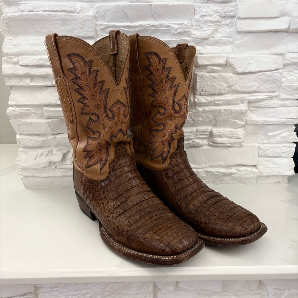 LUCCHESE MEN'S TAN BURNISH HORNBACK CAIMAN WIDE SQUARE TOE EXOTIC COWBOY BOOTS